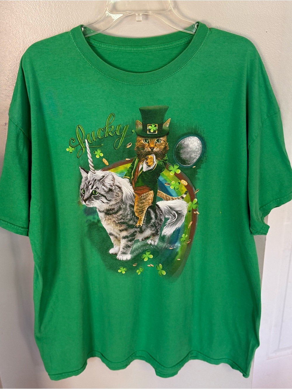 Lucky Tee Shirt Cat Unicorn Leprechaun T-shirt Men XXL Green St. Patrick’s 2XL